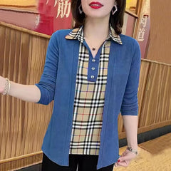 Нова есенна модна карирана риза с шевове за 2023 г. Фалшива риза от две части