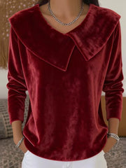 Кадифена Блуза с Дълъг Ръкав в Един Цвят