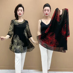 【M-4XL】Дамска модна шифонена риза с бродирани цветя за 2025 г.