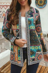 Нова винтидж памук и лен с отпечатани свободни якета с дълъг ръкав