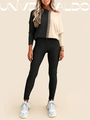 2-Части Спортен Комплект с Асиметрично Рамо, V-Яка и Комбинирани Материали