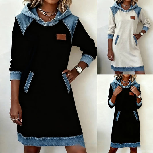 🌷🌞Ново зимно поступление: Стилна дънкова рокля с качулка, изработена от пачуърк.