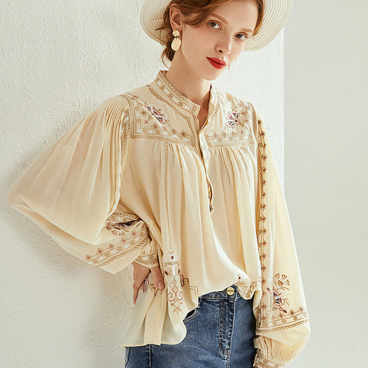 【M-3XL】Нов бохемски топ с висока яка, свободен и шикозен, модерна и универсална риза с щампа