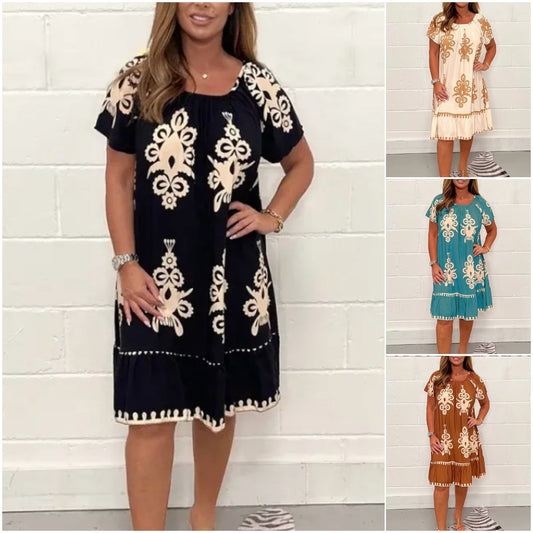 【S-4XL】Рокля с квадратно деколте с различни геометрични шарки