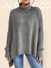 Асиметричен Плетен Пуловер с Падащи Ръкави и Висок Яка