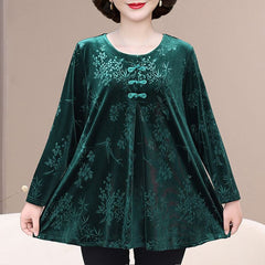 🔥【50% ОТСТЪПКА】【XL-6XL】Нов елегантен кадифен топ с ретро принт за есен/зима