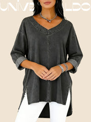Дамска Деним Блуза с V-Яка и Дълъг Ръкав