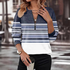 Дамски пуловер с цип и широка кройка - V-образно деколте, дълъг ръкав, цветно блокиран дизайн