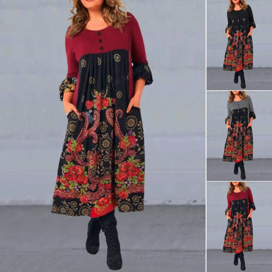 【S-5XL】Нова ежедневна рокля с дълъг ръкав и ретро принт за есен и зима