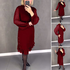 🔥50% OFF👗【S~5XL】Нова модна ежедневна едноцветна рокля с дълъг ръкав и широки волани
