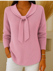 【S-5XL】Дамски пуловер с дълги ръкави, едноцветен с колан и свободна кройка