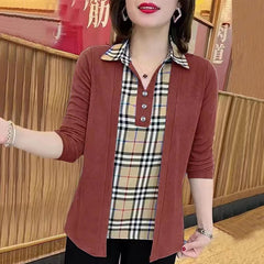 Нова есенна модна карирана риза с шевове за 2023 г. Фалшива риза от две части