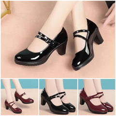 【35-40】Нови модни дамски обувки на висок ток с дебел ток и катарама