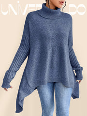 Асиметричен Плетен Пуловер с Падащи Ръкави и Висок Яка