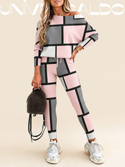 2-Части Спортен Комплект с Асиметрично Рамо, V-Яка и Комбинирани Материали