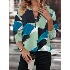 Дамски пуловер с цип и широка кройка - V-образно деколте, дълъг ръкав, цветно блокиран дизайн