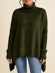 Асиметричен Плетен Пуловер с Падащи Ръкави и Висок Яка