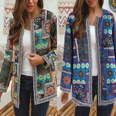 Нова винтидж памук и лен с отпечатани свободни якета с дълъг ръкав