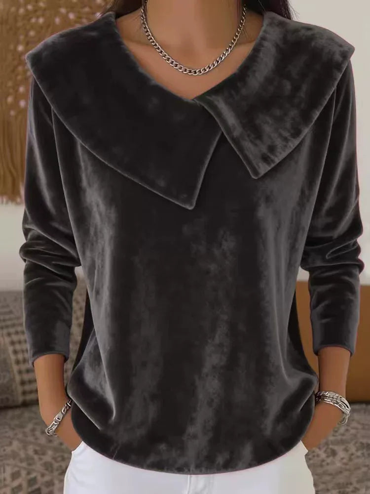 Кадифена Блуза с Дълъг Ръкав в Един Цвят