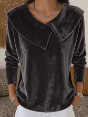 Кадифена Блуза с Дълъг Ръкав в Един Цвят