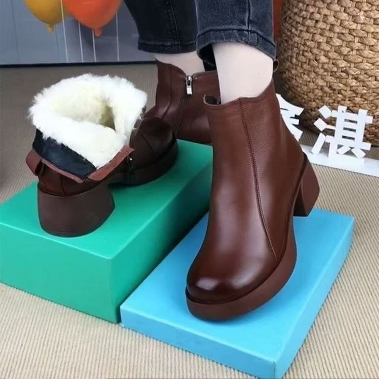 【35-40】2025 Зимни нови дамски ботуши в ретро стил плюс, ботуши от естествена кожа, топли плюшени ботуши