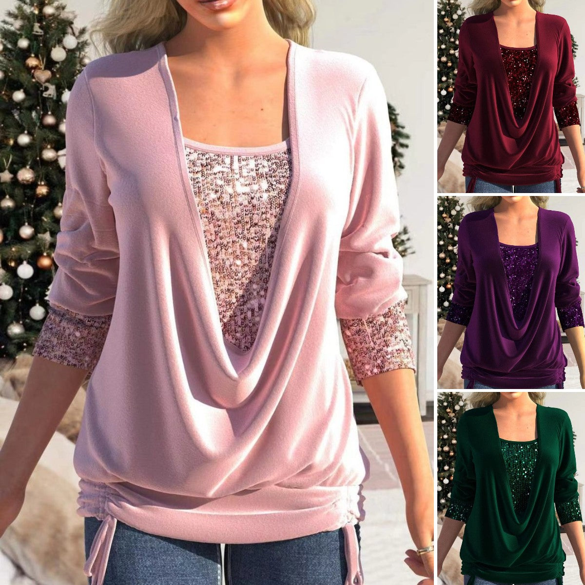 🥰❄️【S-5XL】Нов дамски блуза с дълги ръкави и пайети, голям размер