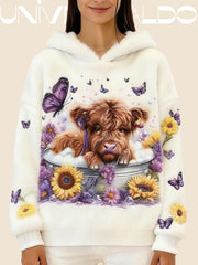 Суитшърт от Фланел с Качулка и Анимационен Принт на Кравка