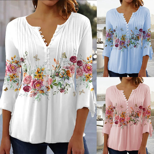 🔥【Най-продавани дамски дрехи】💕Дамска модна тениска с V-образно деколте и щампа, висококачествена и удобна