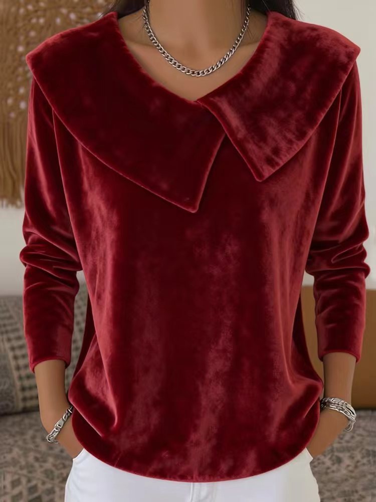 Кадифена Блуза с Дълъг Ръкав в Един Цвят