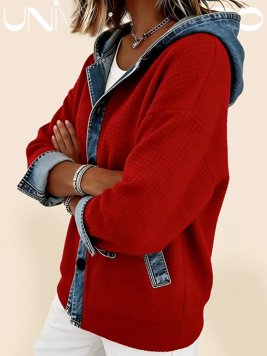 Спортно Яке с Качулка в Деним Ефект и Контрастна Карета