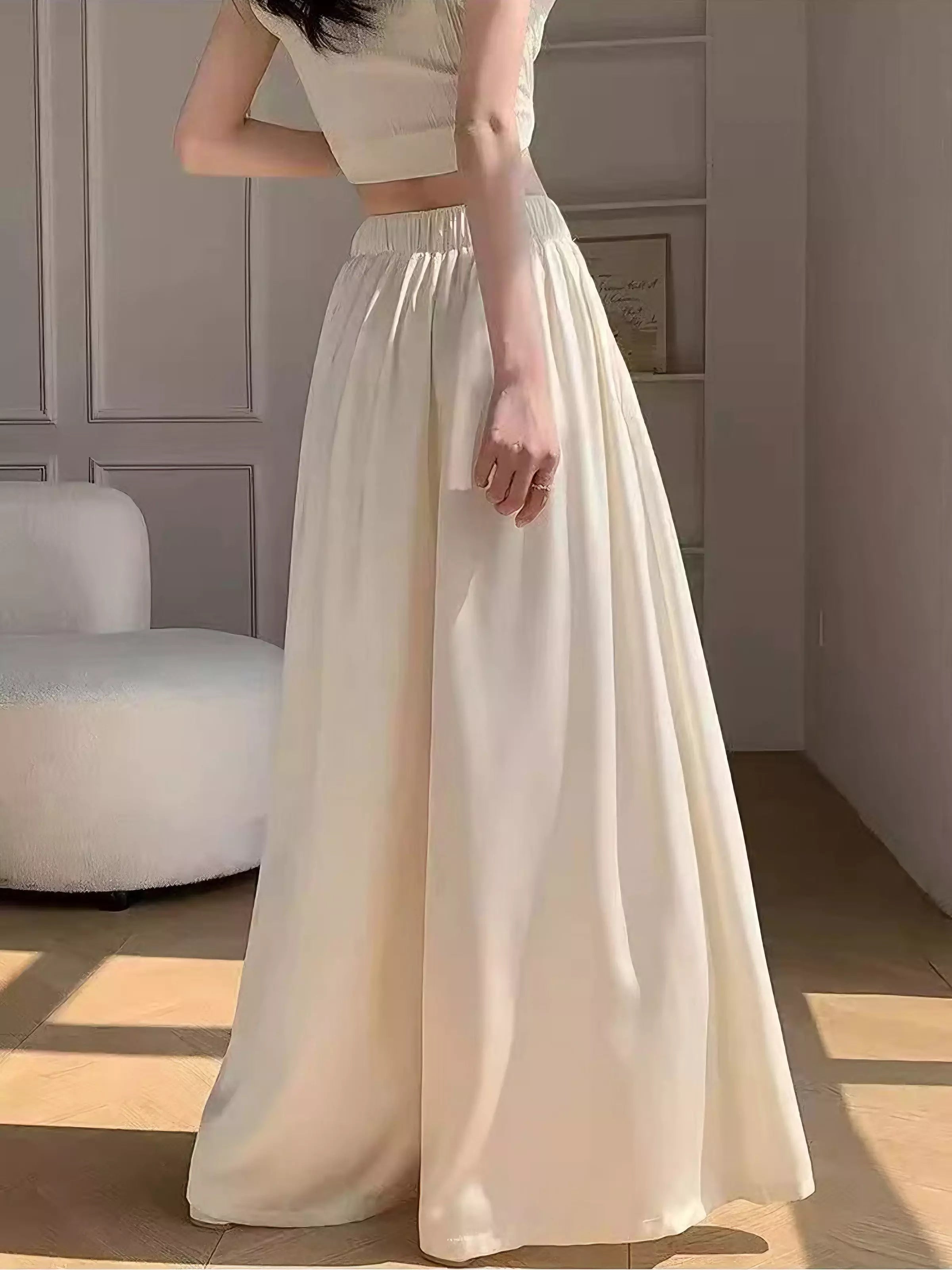 Плисиран Широк Панталон с Висока Талия от Ледена Коприна и Шифон