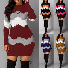 ✨【S-5XL】Плетена рокля с дълъг ръкав и кръгло деколте на райета