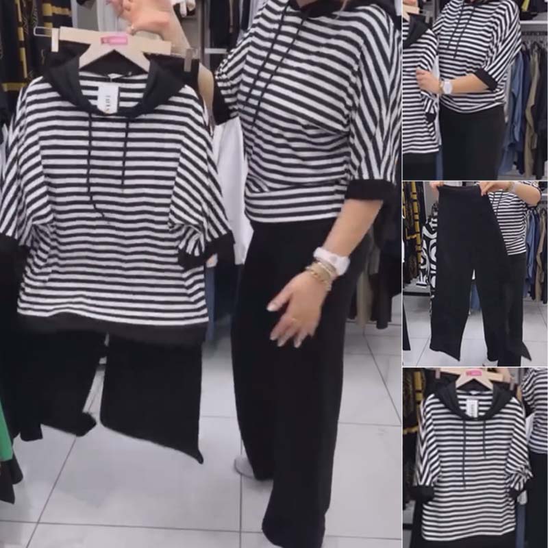 💥 РАЗПРОДАЖБА 💥 Комплект от раиран топ и обикновени панталони за жени