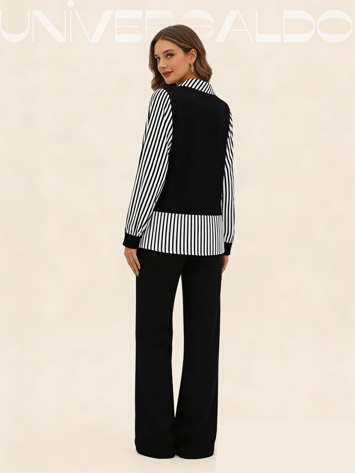 Модерна Псевдо-Двуделна Блуза С Райе И Дълъг Ръкав