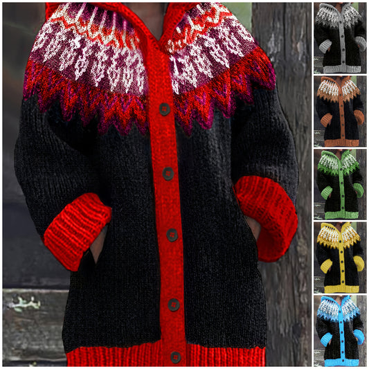 【S~5XL】✨Елегантен плетен кардиган с ретро принт и цветна качулка
