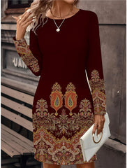 🔥🥰【S-3XL】Нова рокля с щампа и кръгло деколте