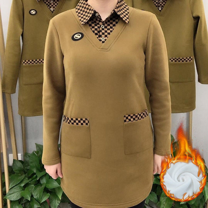 Есенно-зимна дамска яка с дълъг ръкав с дебело каре