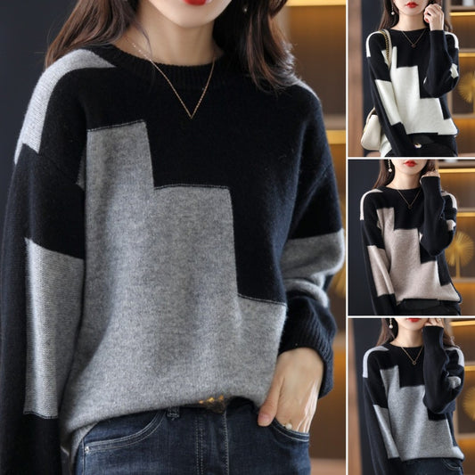 Дамски вълнен пуловер, плетен пуловер с кръгло деколте