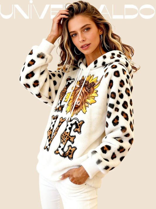 Суитшърт от Фланел с Качулка и Анимационен Принт на Кравка