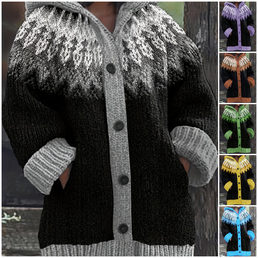 【S~5XL】✨Елегантен плетен кардиган с ретро принт и цветна качулка