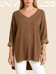 Дамска Деним Блуза с V-Яка и Дълъг Ръкав