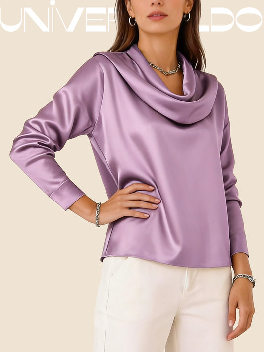 Блуза от Сатен с Плисирана Яка и Дълъг Ръкав