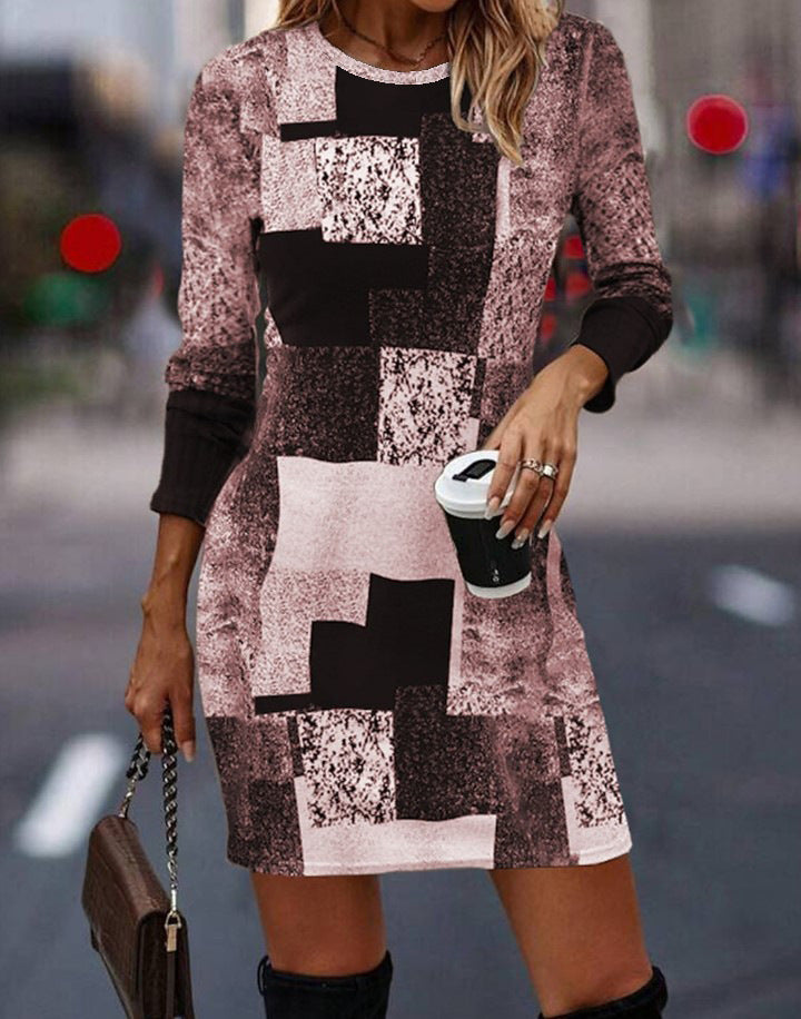 🔥💐【S-3XL】Ежедневна рокля с кръгло деколте и дълъг ръкав с цветни блокове