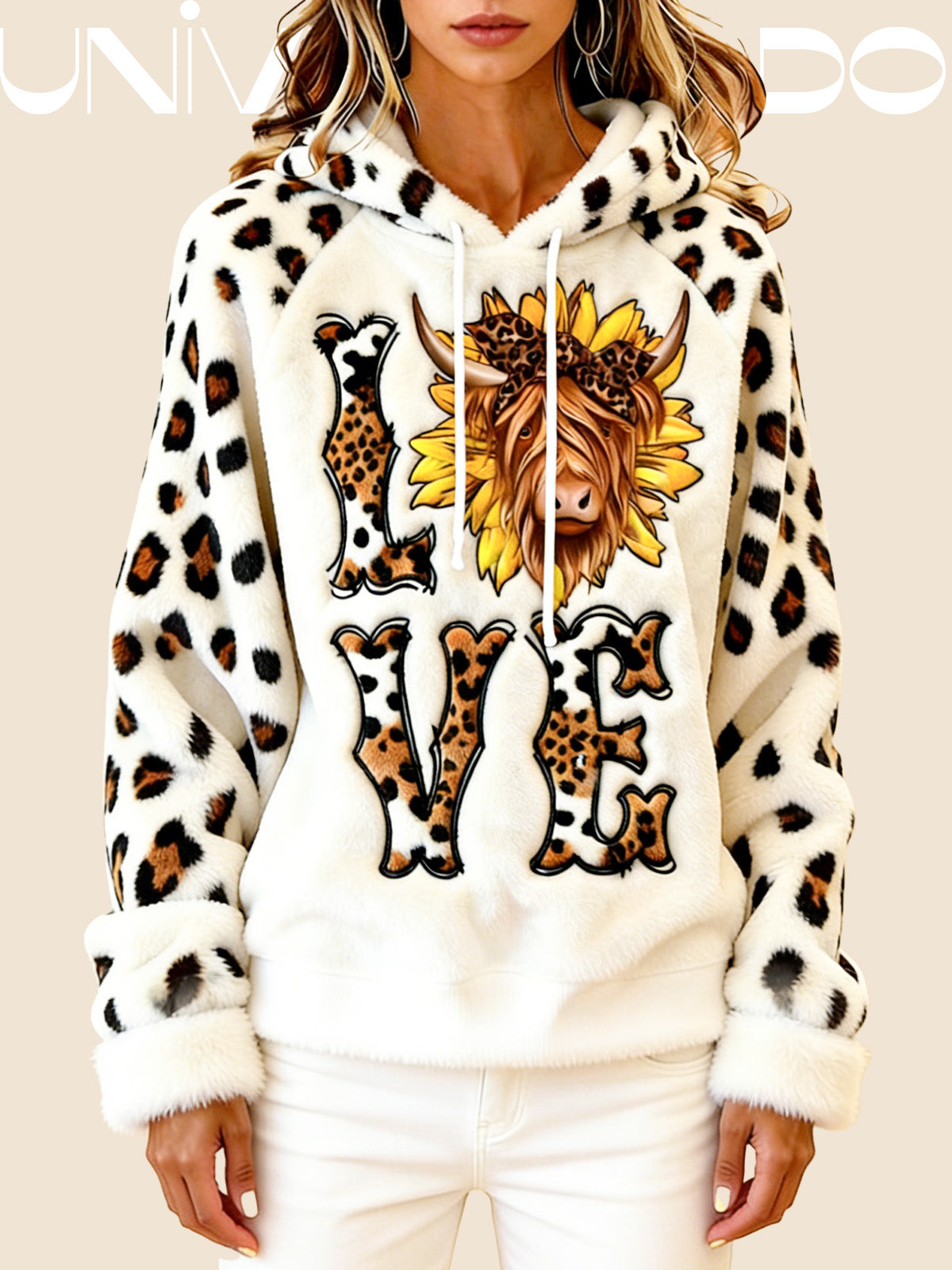 Суитшърт от Фланел с Качулка и Анимационен Принт на Кравка