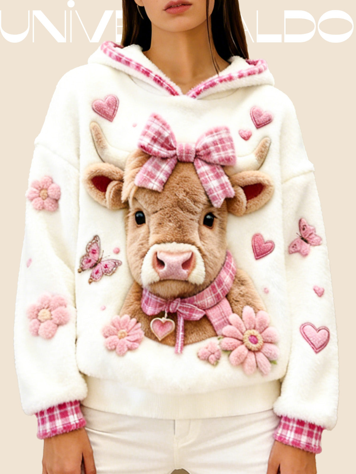 Суитшърт от Фланел с Качулка и Анимационен Принт на Кравка