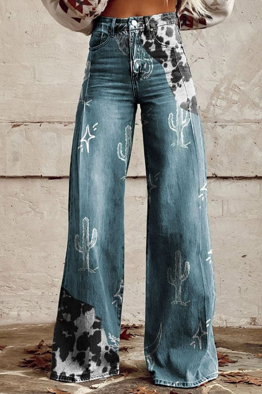 Сини дънкови панталони с висока талия и широки крачоли с дантелени шевове [40кг-120кг]