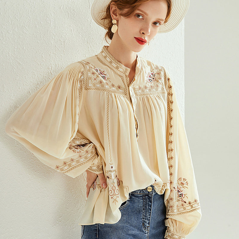 【M-3XL】Нов бохемски топ с висока яка, свободен и шикозен, модерна и универсална риза с щампа