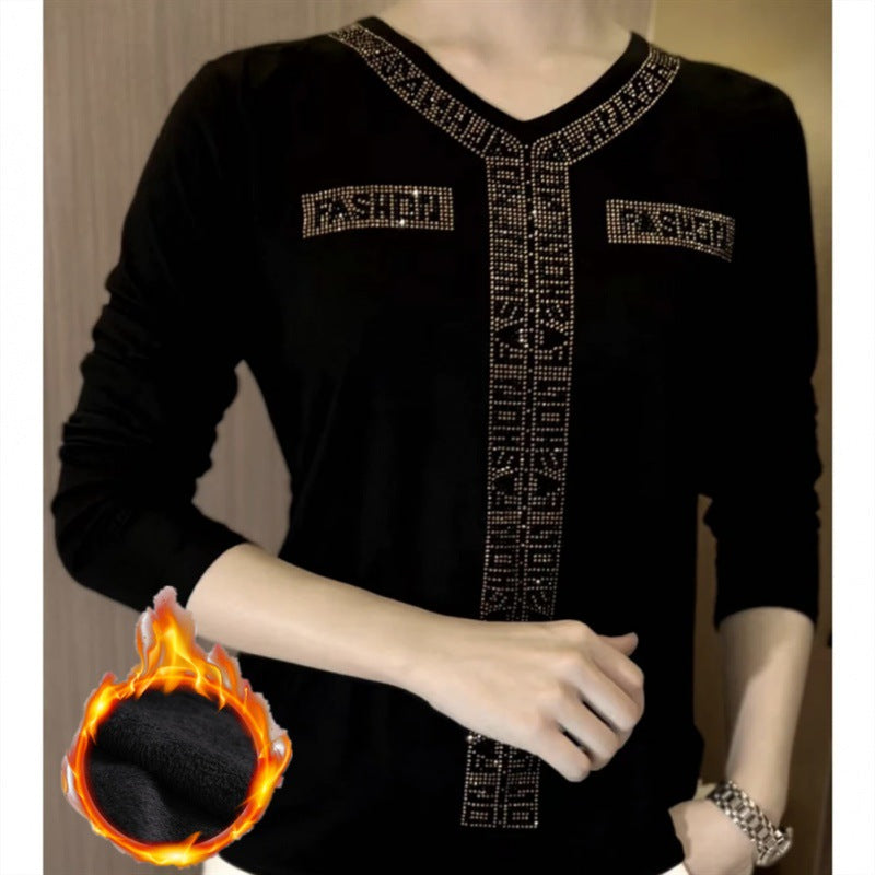 💥【50% ОТСТЪПКА】✨【M-5XL】Висококачествена зимна кадифена тениска с дълъг ръкав, украсена с кристали, топла и стилна.