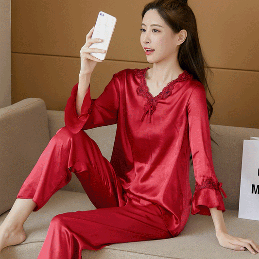 🔥【Топ с дълъг ръкав + панталон】Комплект от копринена пижама от две части за жени, домашно облекло