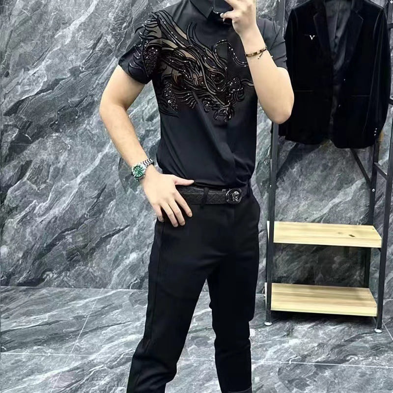 50% ОТСТЪПКА👔💥🔥【M-5XL】Мъжка елегантна поло риза с ревер и цип - Класическо черно с изящна бродерия【45-120 KG】